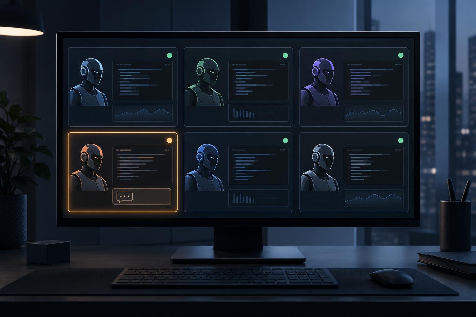 Painel de controle com várias sessões de agentes de programação organizadas em cartões, com um deles destacado aguardando resposta