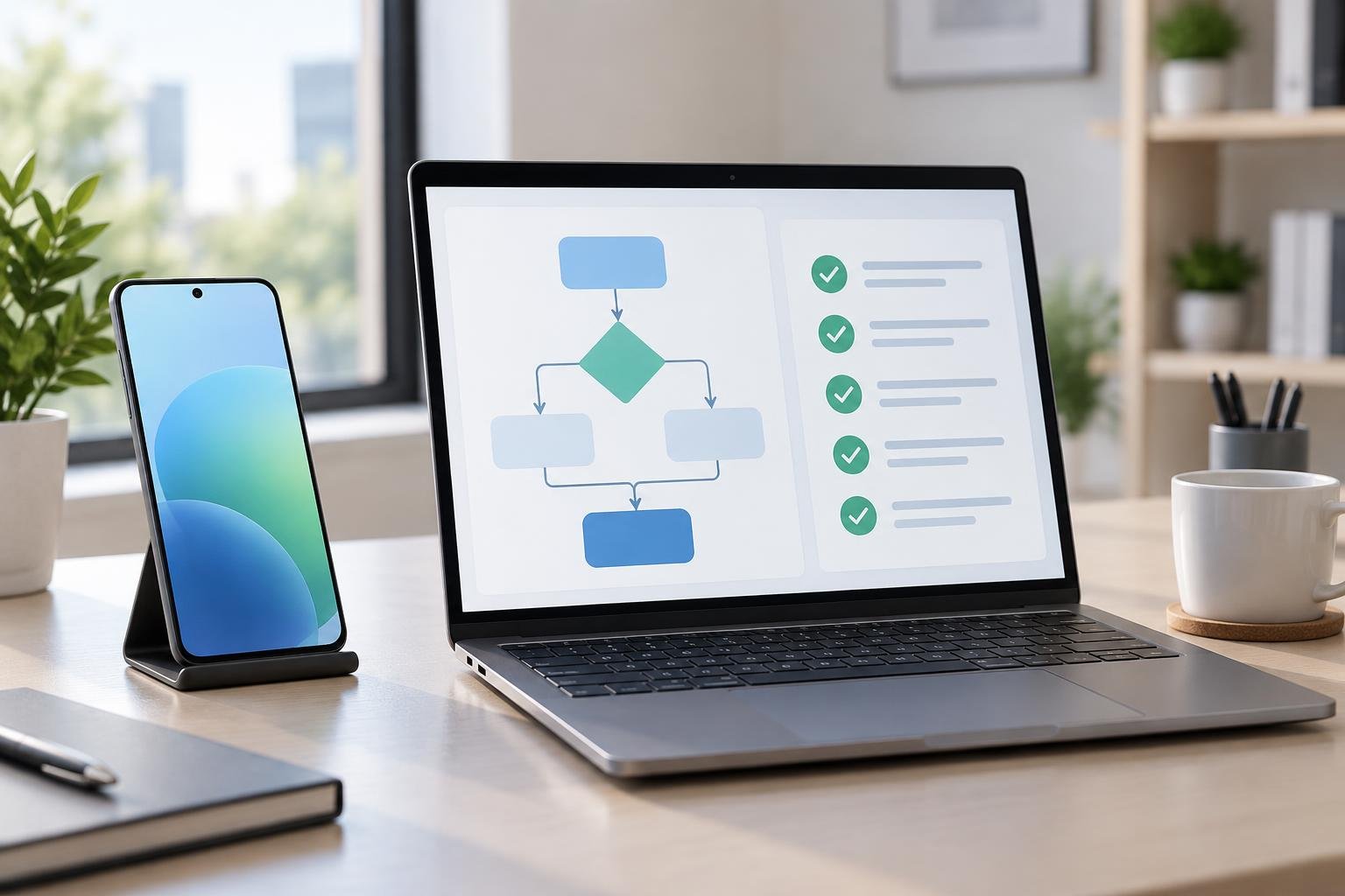 Smartphone Android em um suporte sobre a mesa, ao lado de um notebook com fluxograma de testes e lista de verificação