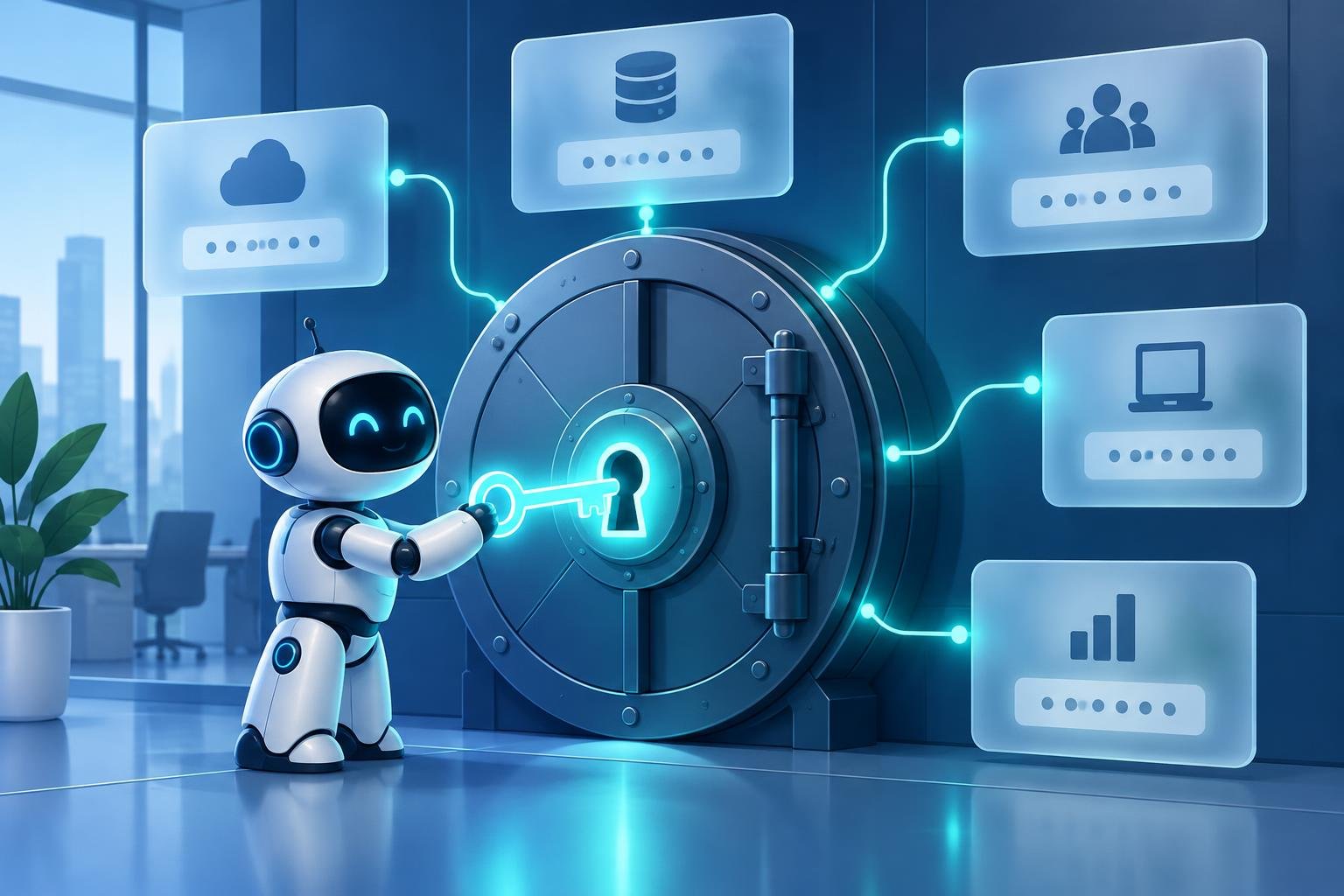 Cofre digital com chave sendo usada por um agente de IA representado por um robô, sem que a senha apareça, ligado a vários sistemas da empresa