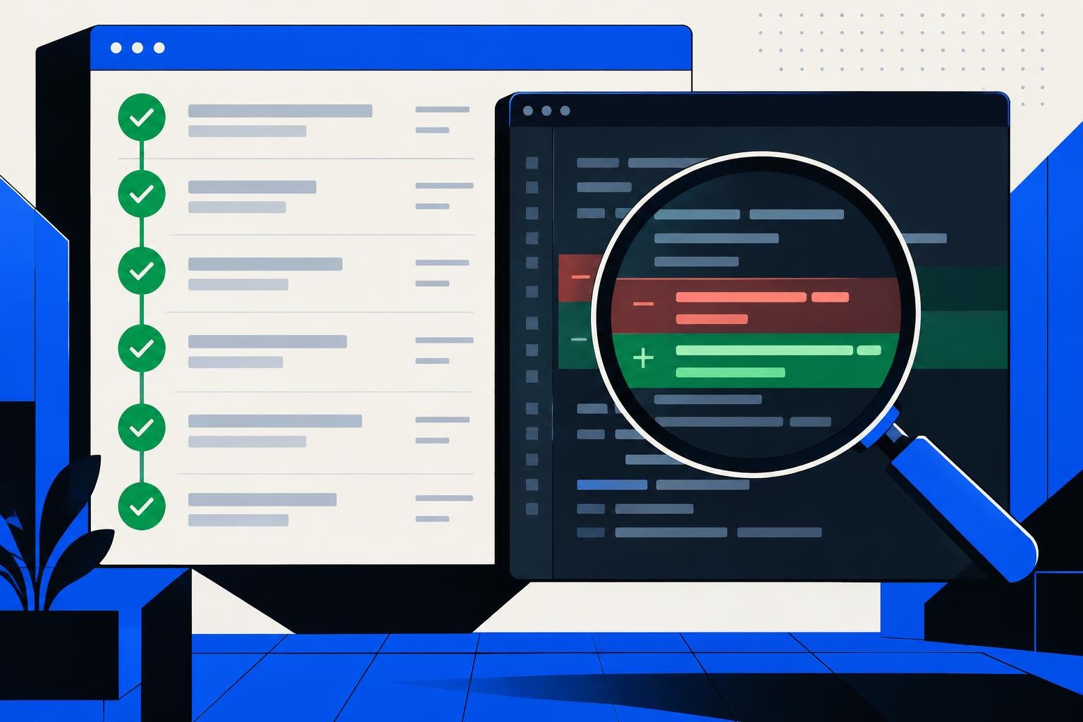 Painel de integração contínua com todas as verificações em verde e uma lupa destacando um teste modificado em um diff de código
