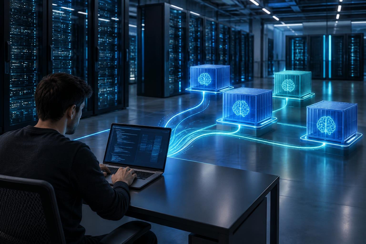 Racks de servidores de um cluster privado com linhas luminosas ligando um notebook de desenvolvedor a contêineres de agentes de IA