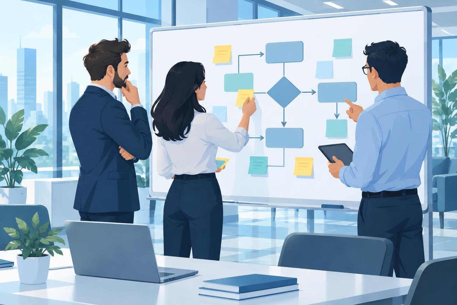Consultor e gestores de uma empresa mapeando processos de negócio em um quadro durante um diagnóstico de inteligência artificial