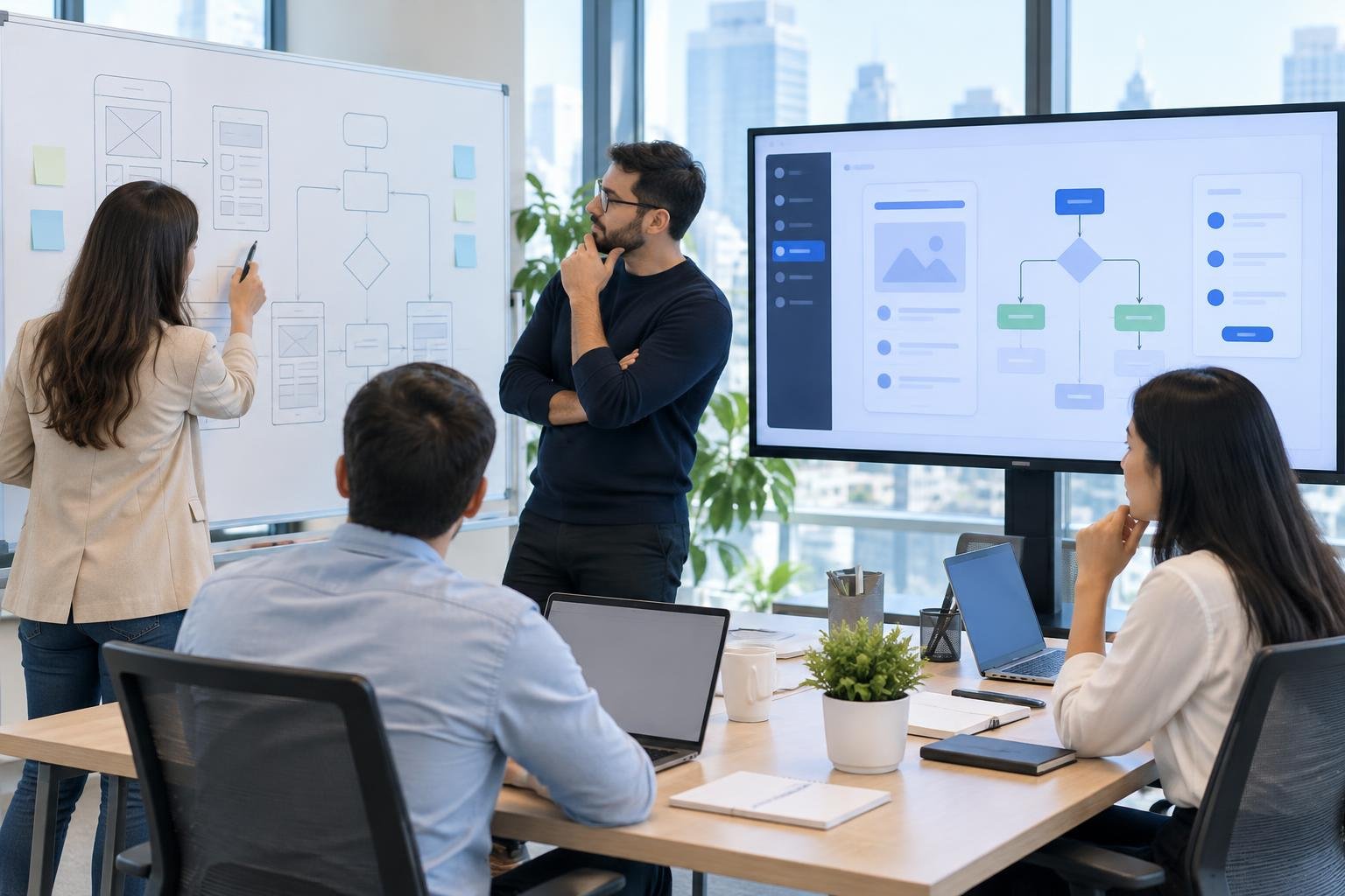 Equipe de tecnologia e gestor revisando telas de um sistema personalizado em um quadro com fluxo de processos