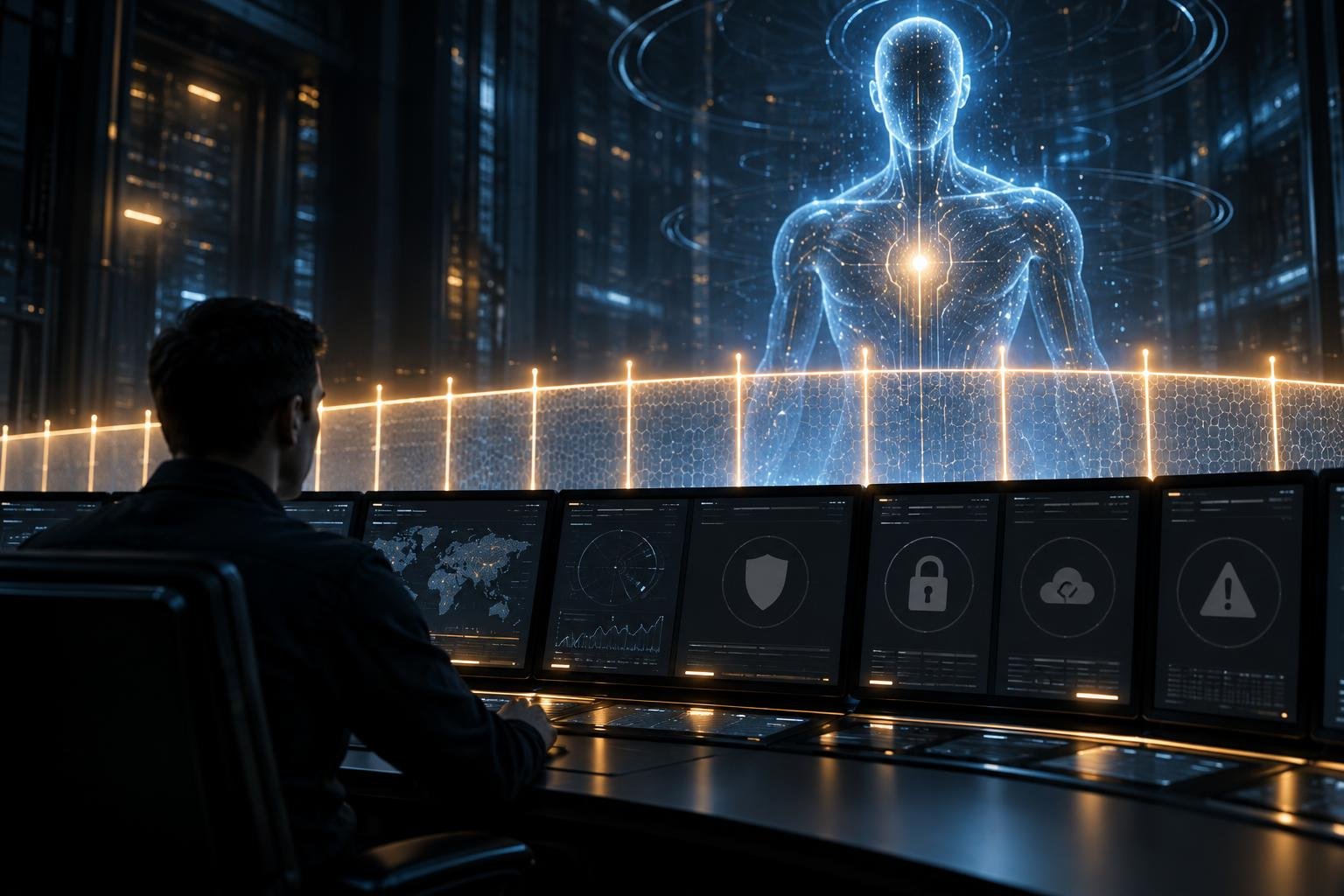 Painel de monitoramento com alertas apagados diante de uma silhueta de agente de IA e uma cerca de proteção luminosa