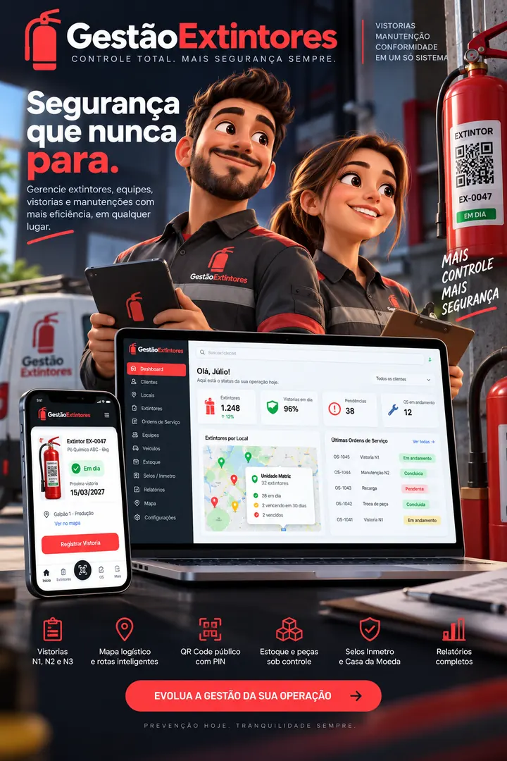 Gestão Extintores: Vistorias, ordens de serviço, QR Code e rotas para empresas de extintores.
