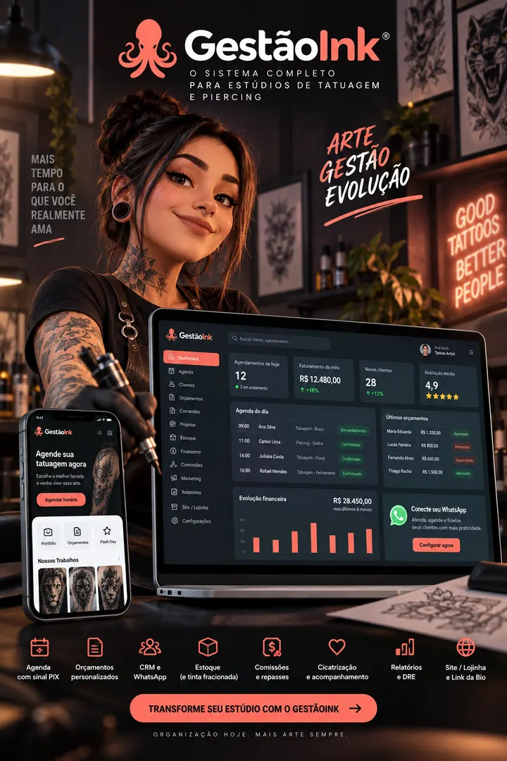 GestãoInk: Gestão completa para estúdios de tatuagem e piercing, com CRM e WhatsApp.